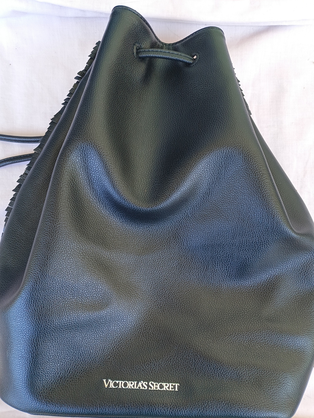 Victoria's Secret Black Faux Leather Fringe Bucket Backpack